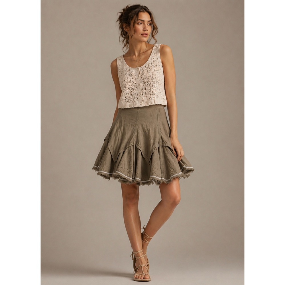 Roberta Scarpa Designer Skirt 10 Brown Linen Sequin Raw Hem Fairy Made in Italy